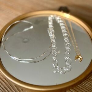 Curated Layering Necklace Set Mixed Metal Silver Gold Moon Pendant 3pc